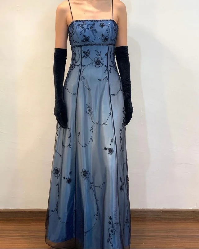 Unique Women's Fashion Pieces Blue/Grey Delicate Beaded Long Tulle Elegant Ball Gown Evening Dress Formal Birthday Party Dress Prom Dress gh3152