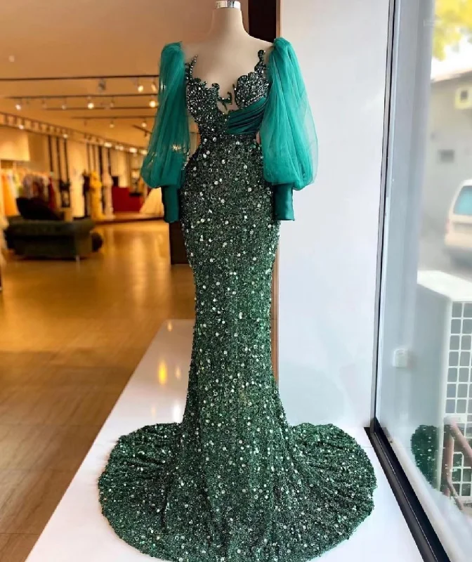 Women's Clothes And Garments hunter green evening dresses long sleeve modest elegant sparkly mermaid luxury formal party dresses women evening gown  gh2364