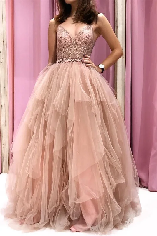 Women's Plus-Size Attire Spaghetti Straps Pink Tulle Long Ball Gown gh2543