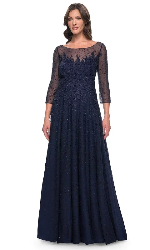 Women's Layered Outfit La Femme 31235 - Rhinestone Embellished Quarter Sleeve Gown