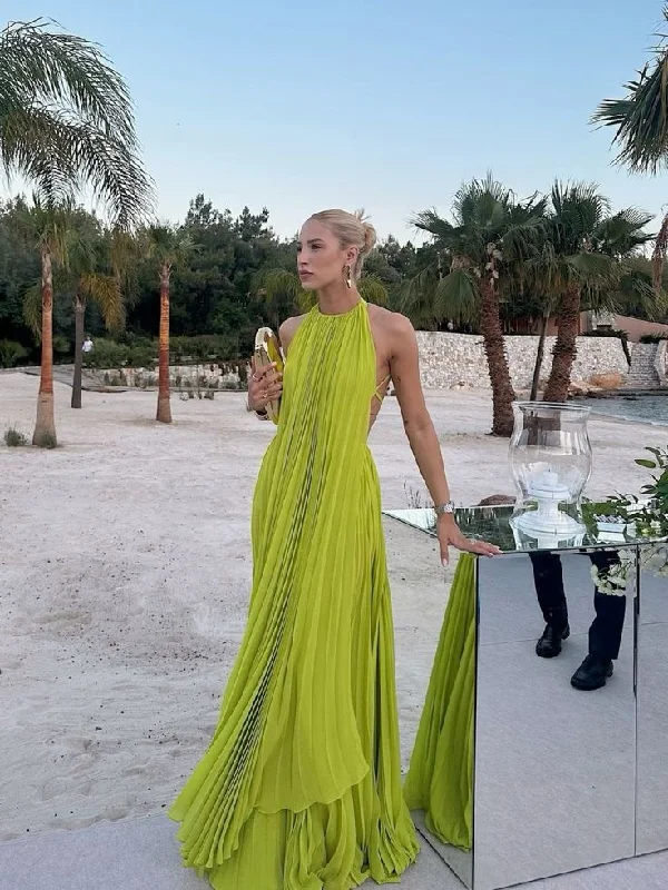 Casual Chic for Women Yellow green halter neck backless long chiffon ball gown evening dress gh3127