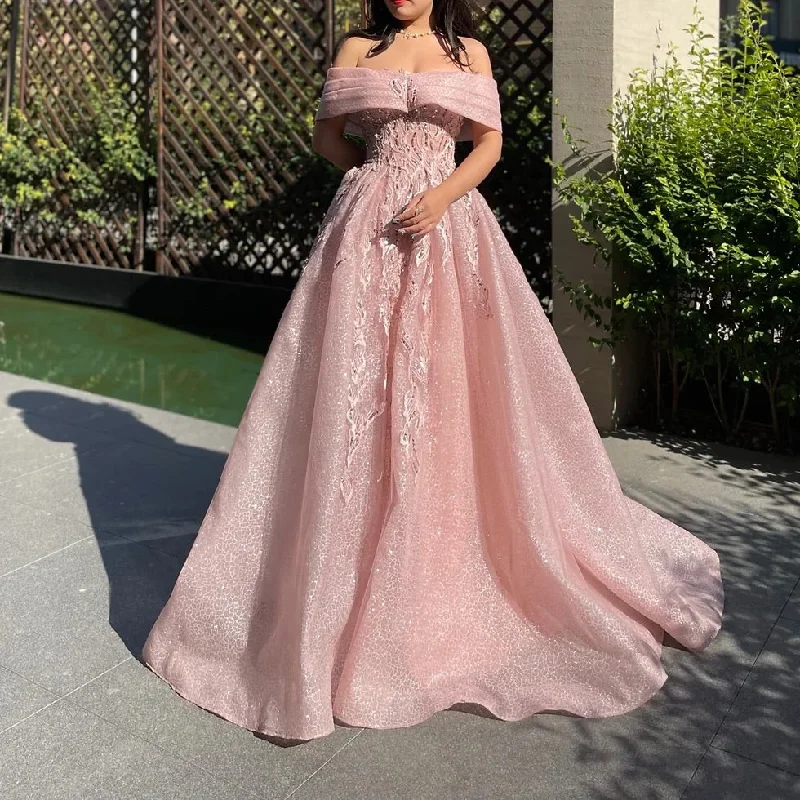 Women's Chic Outerwear Outfit Pink glitter exquisite beading off-shoulder A-line elegant long tulle ball gown evening dress fairy princess dress gh2752