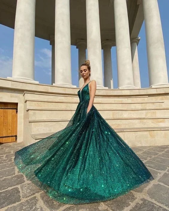 Women's Classic Outfit Spaghetti Straps Green Shiny Prom Dress A Line Evening Gown gh2760