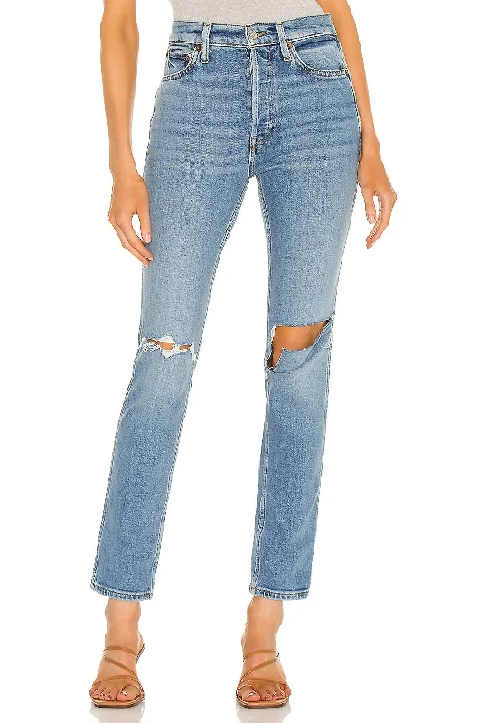 Women's Attire 80's Slim Straight Jean In Brisk Blue With Rips