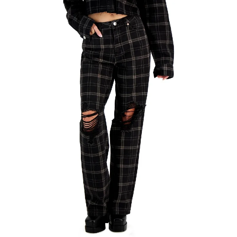 Women's Tailored Outfit Womens High Rise Plaid Straight Leg Jeans