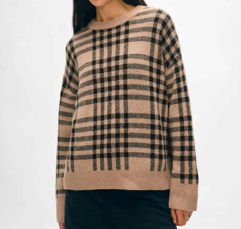 Women's Cozy Outfit For Lounging Cashmere Plaid Crewneck Sweater In Camel/black