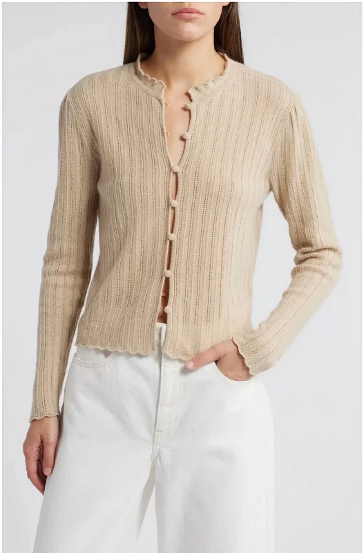 Women's Vacation Outfit Set Ruffle Neck Cardigan In Taupe