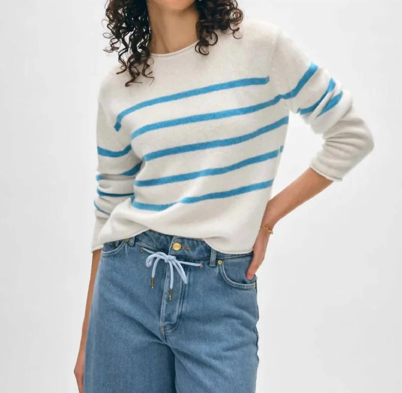 Casual Chic for Women Cashmere Stripe Roll Trim Sweater In White/blue