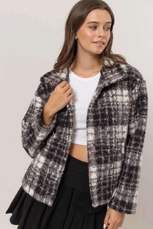 Women's Everyday Apparel Plaid Boucle Jacket - Black