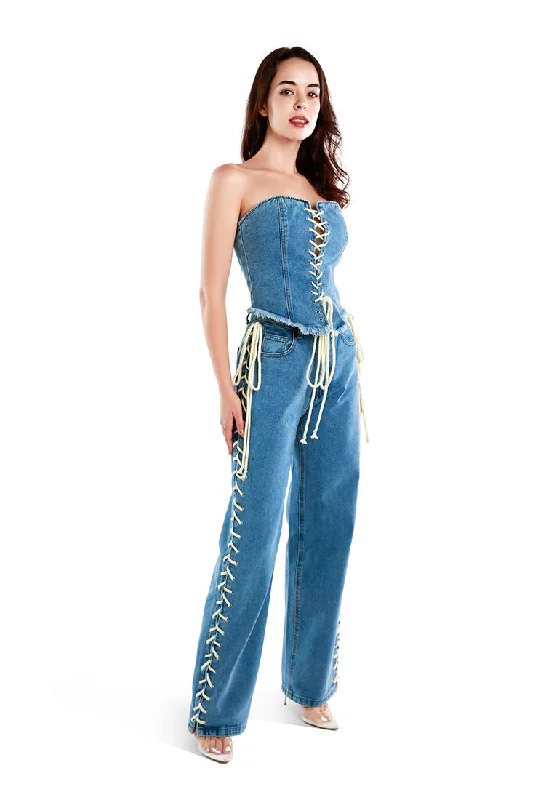 Women's Evening Clothing lace up denim trousers