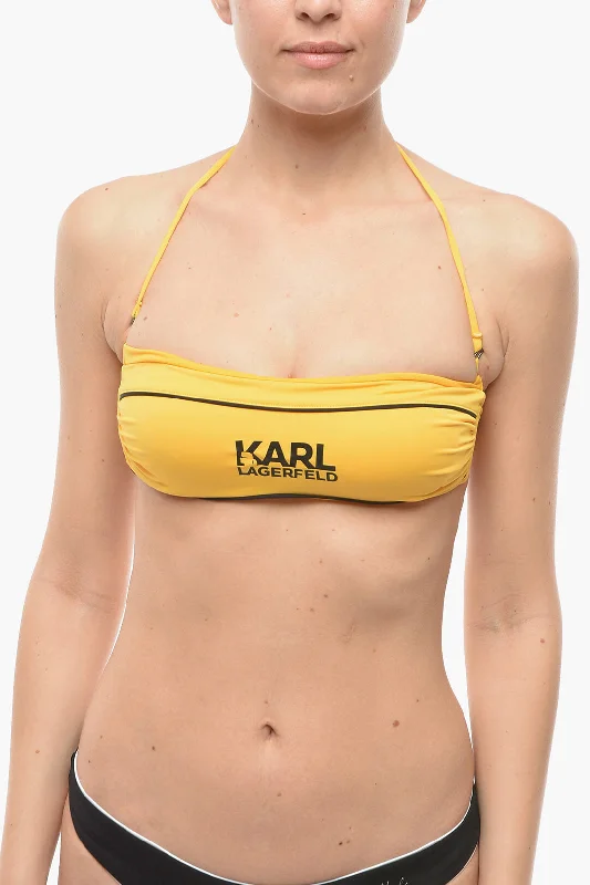 Women's Holiday Clothes Karl Lagerfeld Solid Color Bandeau Bikini Top with Printed Contrasting Logo