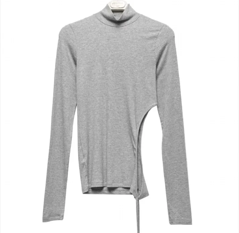 Timeless Women's Garments Women's Ribbed Tie Cut Out Turtle Neck Top In Gray