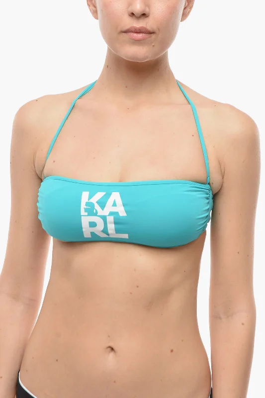 Women's Trendy Clothes Karl Lagerfeld Solid Color Bandeau Bikini Top with Printed Contrasting Logo