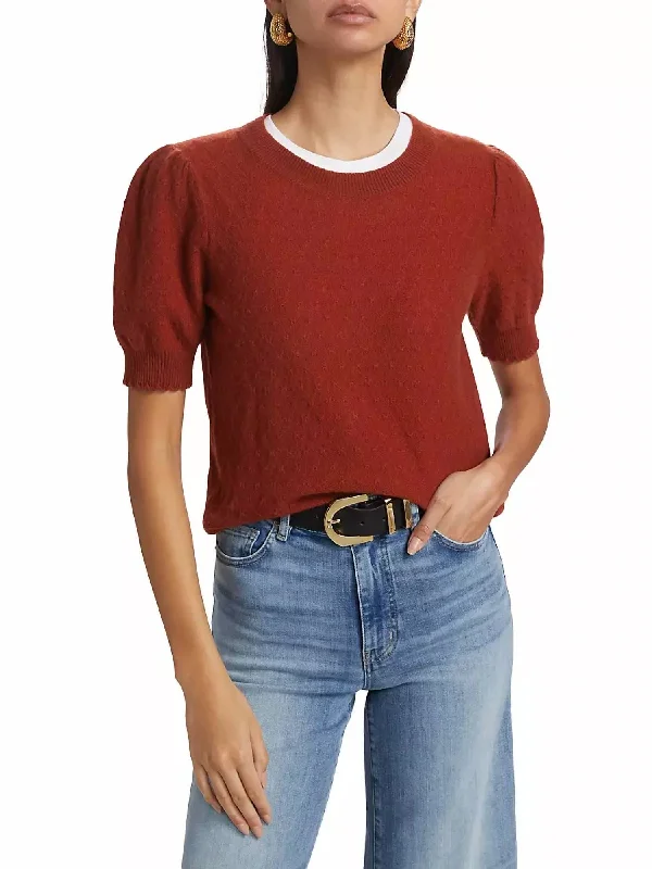 Women's Chic Outfit Pointelle Puff-Sleeve Sweater In Paprika