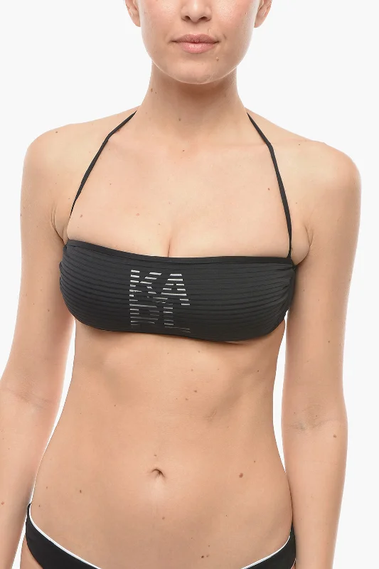 Women's Clothing Sets Karl Lagerfeld Solid Color Bandeau Bikini Top with Tone On Tone Striped Det