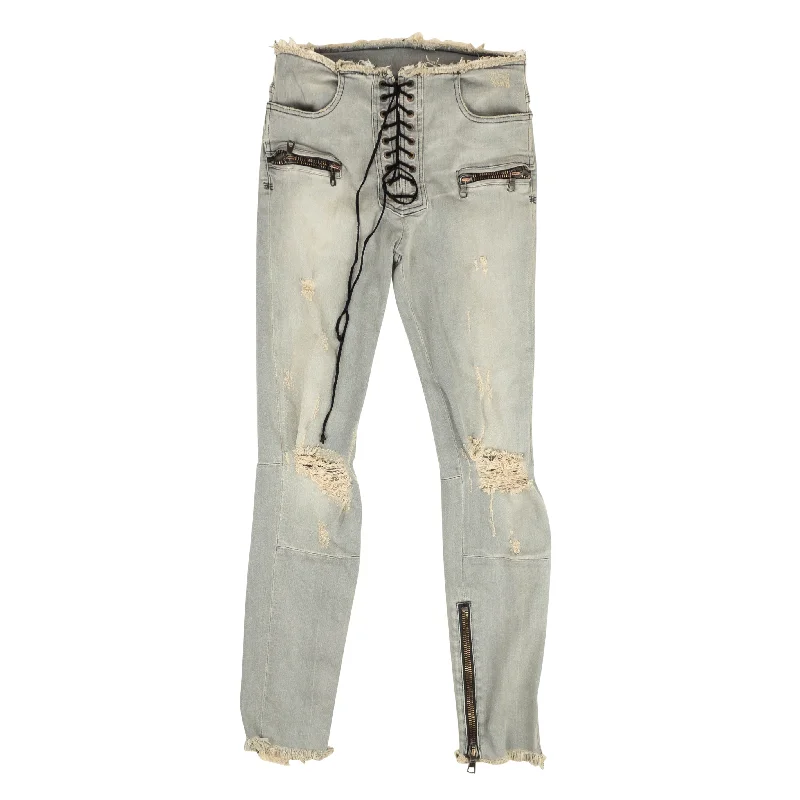 High-Fashion Women's Clothing Unravel Project Distressed Denim Lace Up Skinny Jeans - Blue