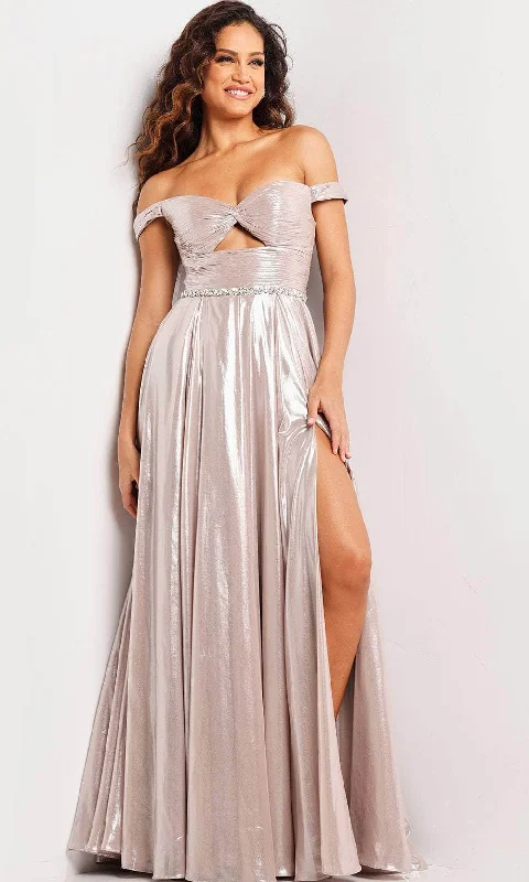 Women's Chic Outerwear Attire Jovani 37381 - Metallic Off Shoulder Prom Gown