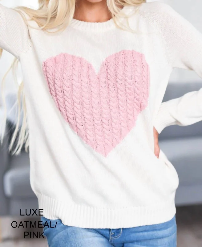 Unique Women's Fashion Pieces Luxe Love Sweater In Oatmeal/pink