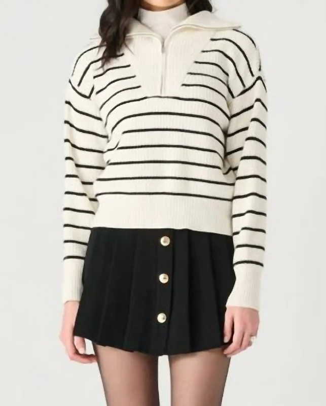 Fashion-forward Women's Wear Half Zip Sweater In White/black Stripe