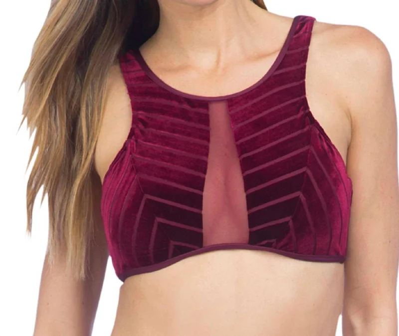 Stylish Women's Clothing Stripe Mesh High Neck Bikini Top In Burgundy Velvet