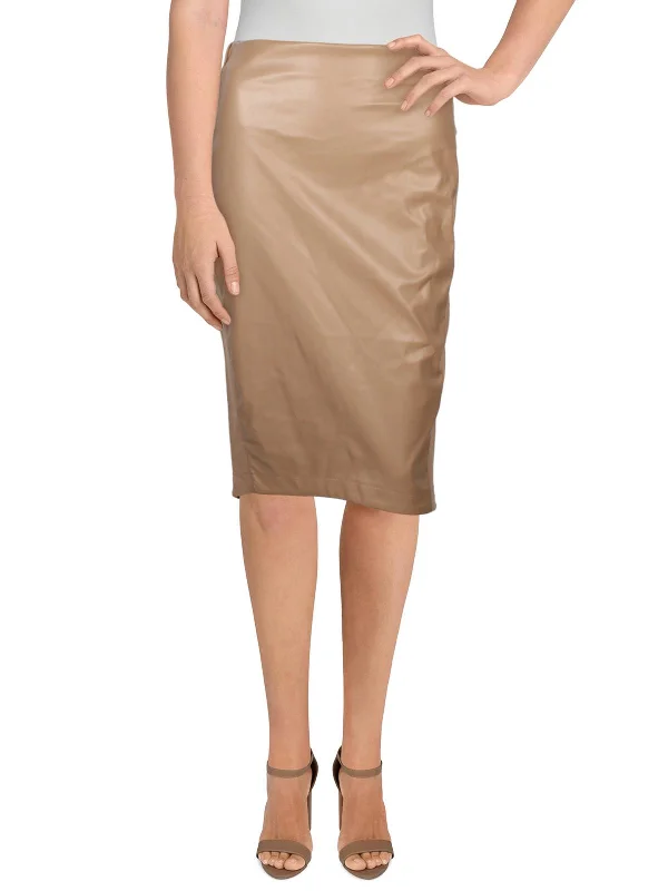 Casual Wear Womens Faux Leather Mixed Media Midi Skirt