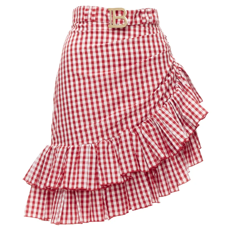 Sustainable Women's Clothing Balmain B logo buckle gingham ruffled cottage skirt