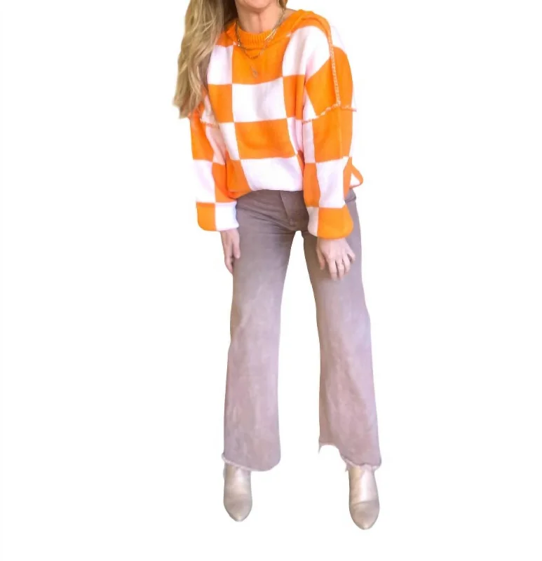 Designer Women's Fashion Online Checkered Bishop Sleeve Sweater In Orange