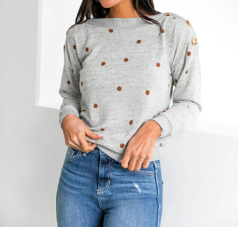 Women's Clothing For Holiday Travel Buttons & Polka Dots Sweater In Grey