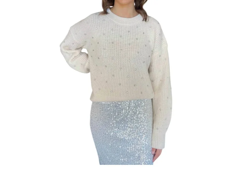 Women's Tailored Outfit Rhinestone Detail Crew Neck Sweater In Beige