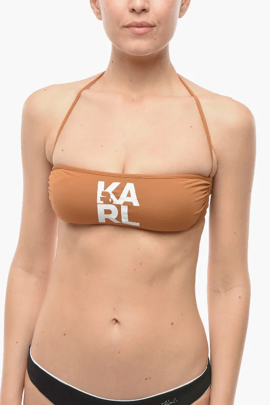 Women's Vacation Clothes Karl Lagerfeld Solid Color Bandeau Bikini Top with Printed Contrasting Logo