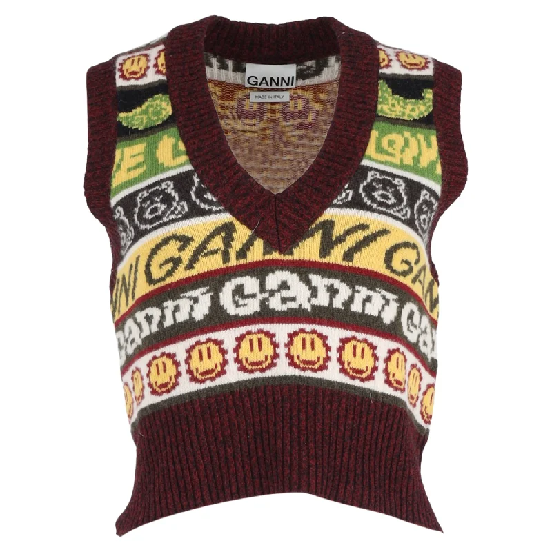 Sale On Clothing Ganni Smiley Face Sweater Waistcoat In Multicolor Recycled Wool