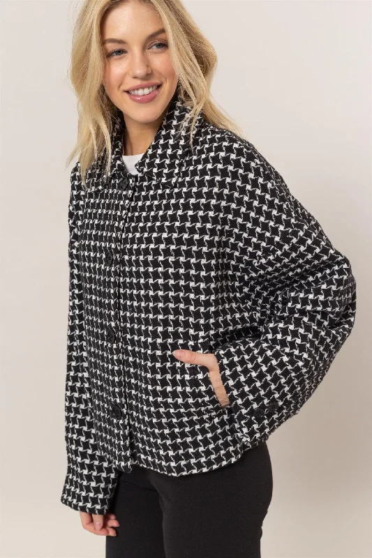 Women's Holiday Apparel Tweed Plaid Button Up Collared Neck Jacket