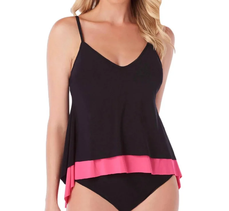 Stylish Outerwear Clothing For Women Underwire Jolene Layered Tankini Top In Black And Watermelon