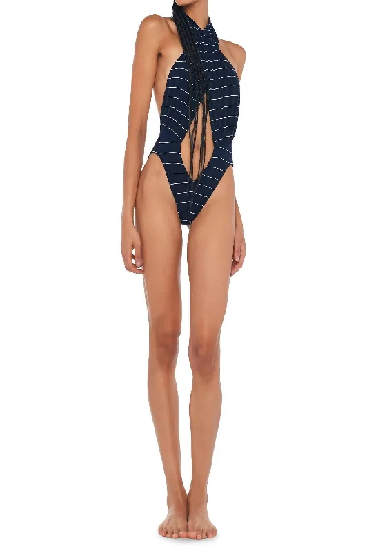 Women's Clothing Online Sale Cross Halter Bodysuit In Navy Pinstripe