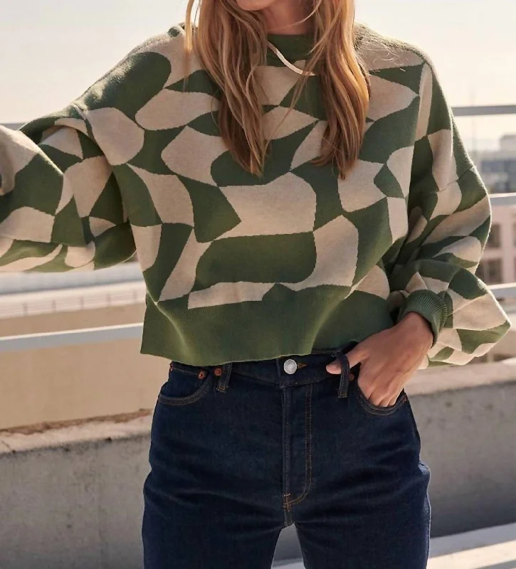 Women's Online Boutique Abstract-Pattern Knit Sweater In Green/beige Abstract