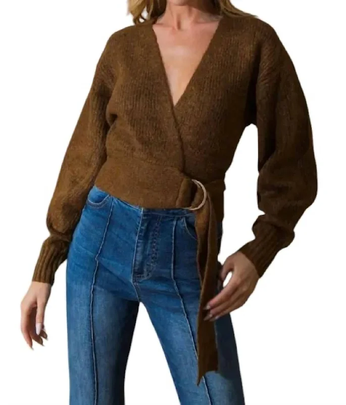 Trendy Women's Dresses Online Wrap Sweater Knit Top In Brown