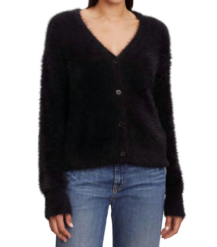 Women's Chic Outerwear Attire Kelsey Feather Yarn Cardigan In Black