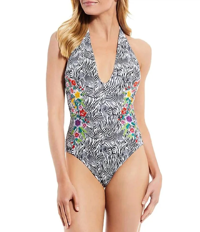 Affordable Online Boutiques Spring Halter Embroidered One-Piece Swimsuit In Multi