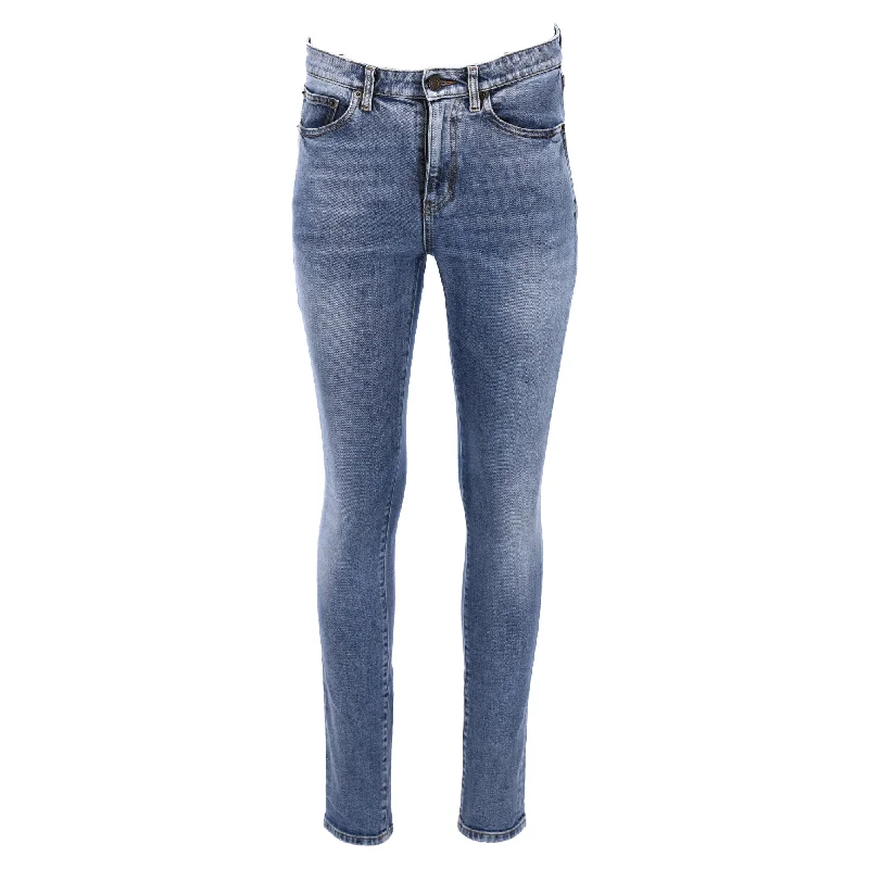 Women's Stylish Outdoor Outfit Saint Laurent Logo-Embroidered Slim Fit Jeans in Blue Cotton Denim