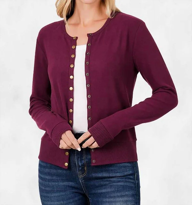 Women's Clothes Online Shopping Briana Crew Neck Snap Button Cardigan In Dark Burgundy