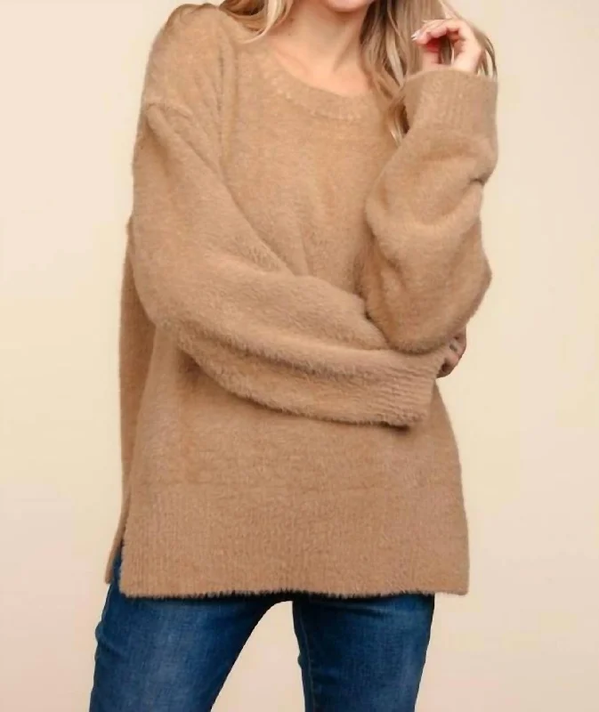 Sale On Clothing Fuzzy Round Neck Sweater In Taupe