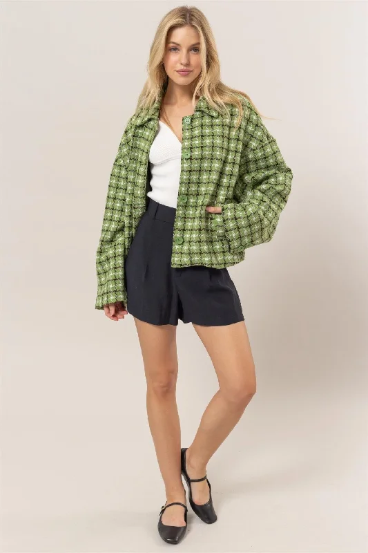 Women's Wedding Apparel Tweed Plaid Button Up Jacket