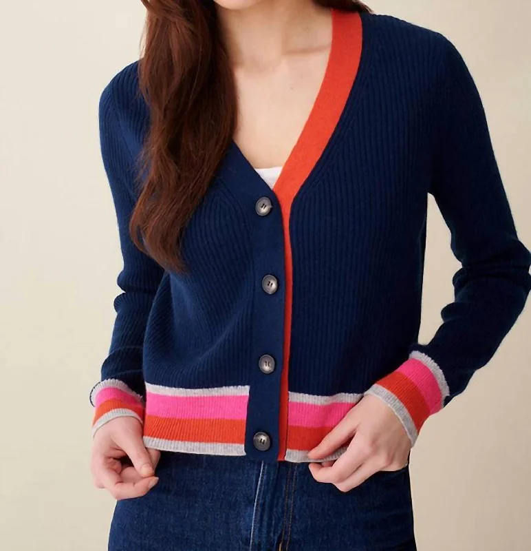 Fashionable Women's Outfit Stella Rib V Cardigan In Navy Multi