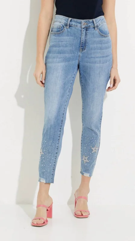 Women's Elegant Clothes Star Bling Lower Leg Jeans In Medium Blue