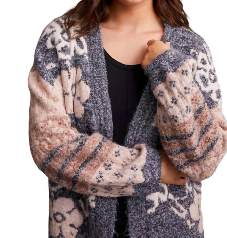 Stylish Women's Outerwear Apparel Jacquard Knit Sweater In Grey Mix