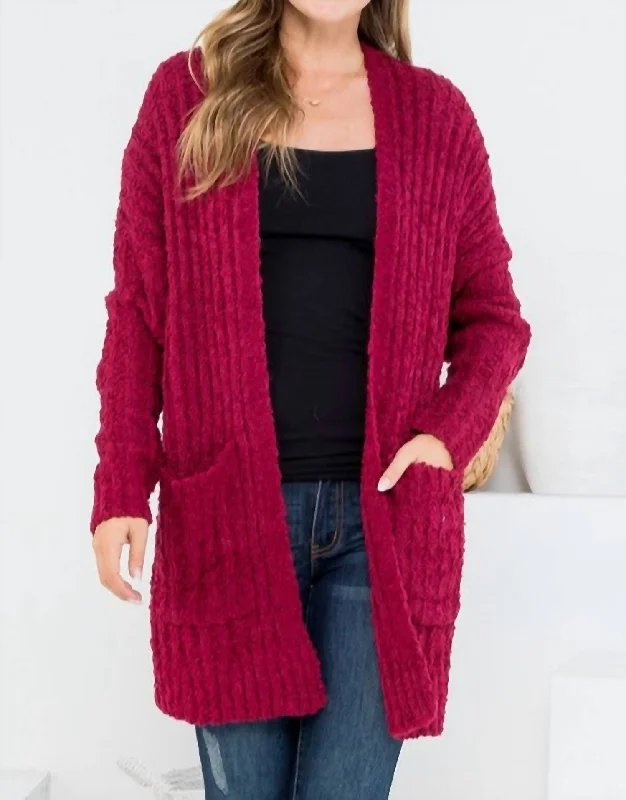 Women's Cozy Winter Attire Ribbed Popcorn Cardigan In Burgundy