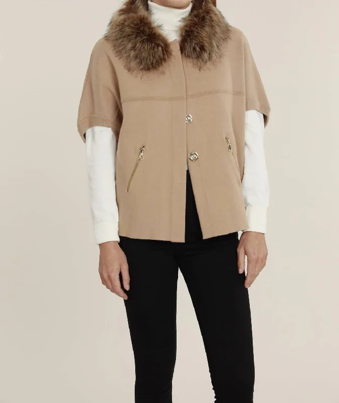 Women's Classic Attire Faux Fur Cardigan In Camel