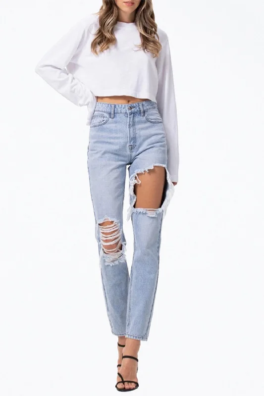 Formal Clothing For Women High-Rise Distressed Tapered Jeans In Light Blue