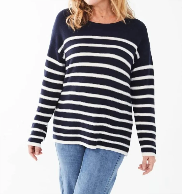 Women's Elegant Outfit Long Sleeve Striped Sweater In Navy Stripe