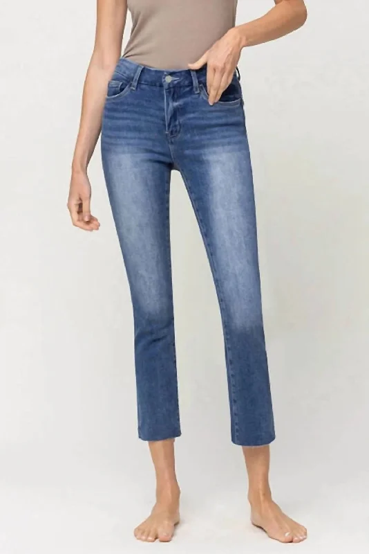 Stylish Women's Garments Mid Rise Crop Stretch Slim Straight Jeans In Blue